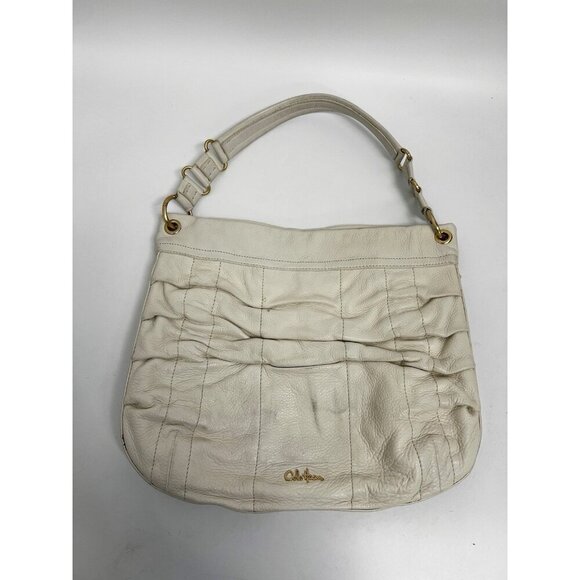 Cole Haan Ruched Cream Genuine Leather Hobo Shoulder Bag Gold accents Zipper - Picture 3 of 14
